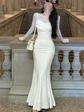 Elegant Slim Mermaid Knitted Dress Women Patchwork Long Sleeves Autumn Vintage Solid Evening Party Robe Vestidos