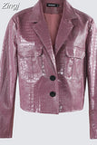 Spring Autumn Short Cool Stylish Shiny Reflective Crocodile Print Patent Pu Leather Jacket Women Runway Fashion