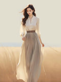 Light Luxury Shirt Dress Set 2023 Autumn New Elegant Fashion Long Sleeve High Waist Lace-up Casual Chic Female