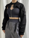 Punk Style Super Cropped Jacket Zip Up Pocket Patchwork Cargo Jackets Women Outfits Streetwear Black Coat Korean