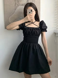 SUCHCUTE Gothic Women Mini Dress Ruffles Summer 2022 Vintage Dark Dress Party Dresses 90s Aesthetics Slim Elastic Waist