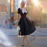 Vintage 50s Office Robe Femme Rockabilly Dress Black Hepburn Elegant V Neck Bow Big Swing Polka Dot Patchwork Pinup
