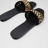 ZARZ Slippers Woman 2022 Flat Shoes Spring Summer New Sexy Fashion Golden Weave Square Toe Flat-Heeled Beach Sandals For