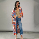 Brown Retro Printed Batwing Sleeve Front Open Kimono Plus Size Women Clothing Casual Long Tops and Blouses Shirts