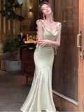 Elegant Satin Bodycon Mermaid Dress for Women Summer Fashion Ruffle Wedding Party Vestido Female Spaghetti Strap
