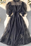 Women Lace Dress Spring Autumn Stand Collar Puff Sleeve High Waist Party Robe Female Elegant Green/Purple Midi