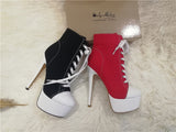 Onlymaker Women's Canvas Platform Lace Up Ankle Boots16cm High Heel Side Zipper Plus Size Fashion Sexy Stiletto