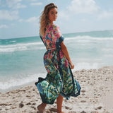 Bohemian Printed Short Sleeve Self Belted Side Split Summer Beach Dress Green Cotton Tunic Women Beachwear Maxi Dress