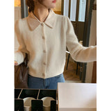 Elegant Knitted Cardigans Women Cropped Patchwork Sweater Coat Korean Solid Slim Knitwear Jackets All Match Jumper