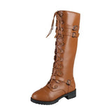 Lace Up Knee High Boots Women Fashion Boots Flats Shoes Woman Square Heel Rubber Flock Boots Botas Winter Buckle Size