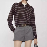 Summer New Temperament Thin Gentle And Comfortable Wash Wool Hit Striped Knitting Long-Sleeved Polo