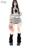 Mesh Star Spliced O Neck Summer Y2k Dress Sleeveless Sets Tanks 2 Piece Women Sheer American Vintage Hotsweet Hollow