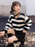 Sexy Sweater Women Autumn Korean Hollow Out Pullover Striped Knitted Tops New Loose Drawstring Feamle Clothing