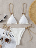 Sexy Bikini Set Cute White Plain Ring Linked Spaghetti Strap Triangle Thong Biquini Swimsuit Swimwear Women Bathing Suit