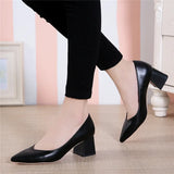 Heels Pointed Toe Pumps Shoes Women Leather Med Heels V Mouth Casual Office Lady OL Shoes 5 cm