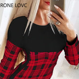 Women Casual Elegant Round Collar Long Sleeves Plaid Pattern Patchwrok Bodycon