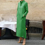 Casual Dot Print Commuter Maxi Dress Fashion Long Sleeve A-line Dress Elegant Ladies Standing Neck Pocket Straight