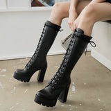 Spring Autumn Lacing Knee High Boots Women Fashion White Square Heel Long Boots Woman Leather Shoes Winter Large Size