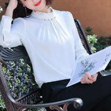 Autumn Office Lady Ruffles Stand Collar Satin Shirt Top Women Elegant Beading Blusa Oversized All-match Pullover