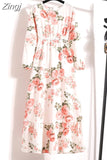 Women Elegant Floral Printed Long Dresses Spring Summer Casual O Neck Long Sleeve Ladies Chic High Waist A Line Beach