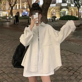 Loose Bf Women'S Fresh Simple Corduroy Shirt Smiley Embroidery Casual Solid Color Loose Blouses Tops Lady Clothes