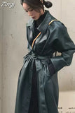 Autumn Long Black Cool PU Leather Trench Coat for Women Belt Single Breasted Loose Korean Fashion Wholesale Clothes