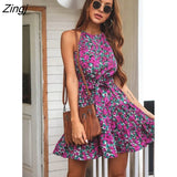 Women Summer Dress Sexy Spaghetti Strap for Women New Hanging Neck Strap Print Dress Female Floral Mini Beach Dress