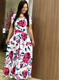 Summer New Elegant Women's Maxi Dress Bohmia Casual Flower Print Robe Fashion Hollow Out Ladies Short Sleeve Dress