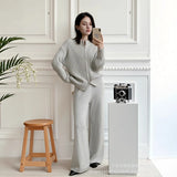 New Hot Pure Color Knitted Jacket High-Collar Sweater Set Loose Top + Pants