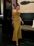 Spaghetti Strap Feather Long Dress Elegant Yellow Green Sleeveless Feather Slim Dresses Women Celebrity Party Evening