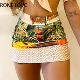Women Off Shoulder Tie Front Top & Tropical Print Skirt Set Casual 2 Pieces