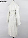 Autumn Extra Long Oversized Black Faux Leather Trench Coat for Women Long Sleeve Belt Double Breasted Loose Fashion