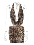 Leopard Print Sequin Backless Halter Top and Mini Skirt Two Piece Set- Outfit