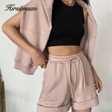 Soft Cotton Sets Women 2022 New Casual Two Pieces Long Sleeve Sweatshirt &amp; High Waist Shorts Solid Outfits
