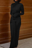 Color Wrap Ruched High Neck Long Sleeve Maxi