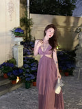 New Fashion Women Sexy Pleated Boho Long Dress Vacation Beach Strap A line Ladies Robe 2023