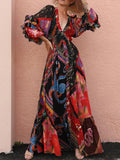 Spring Summer Elegant V-Neck Bohemian Loose Maxi Dress Fashion Print Vacation Beach Dresses Women Vintage Long Sleeve