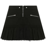 Mall Goth Y2K Zip Up Low Waist Black Denim Skirts Y2K Aesthetics Cute Pockets Trim Ruffles Mini Skirt Patchwork