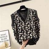 Leopard Pattern Knitted Sweater Vest Women Loose Sleeveless Fashion Short Pullover Sweater Vest Female Spring Autumn