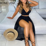 Women Solid Solid Crop Top & Sheer Mesh High Slit Maxi Skirt Casual Solid Set Two