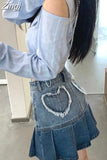 Shoulder Blue Shirts Crop Tops Women Y2k Short Length Sexy Korean High Waist Slim Fit Camisas Long Sleeve Turn Down