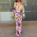Pattern Print Women Suit Casual Diagonal Neck Long Sleeve Top And High Waist Skirt Suit Ladies Fashion Slim 2 Piece