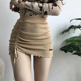 Y2K Black Mini Skirts Women Elastic High Waist Drawstring Slim A Line Skirt Sexy Club Korean Folds Knitted Bodycon
