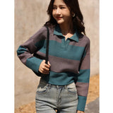 Women's Lapel Stripe Knitted Sweaters 2022 Autumn Winter Loose Soft Warm Casual Female High Strecth Sweaters