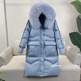 Loose Windbreak Long Coat Women Real Natural Fur Hooded Jacket 90% White Duck Down Coat Thick Warm Snow