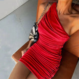 Blue One Shoulder Ruched Dress For Women Sleeveless Bodycon Mini Dresses Femme Clubwear Slim Party Dress