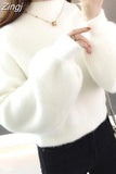 Mohair Women Sweaters Turtleneck Soft Lantern Sleeve Short Pullovers Fashion Autumn Winter Sweater Solid Women