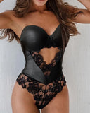 Women Contrast Lace Cut-Out Tube Teddy Bodysuit Ladies Backless Short Jumpsuits Bodysuit Tops Home