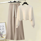 Winter Knitted Two Piece Set Women Casual Pullover Long Sleeve Knitting Sweater And Wide Leg Pants Sets For Women