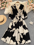 Women Flower Printed Midi Dress Spring Autumn Elegant V-Neck Slim Vestidos Casual High Waist A-Line Bohemian Robe